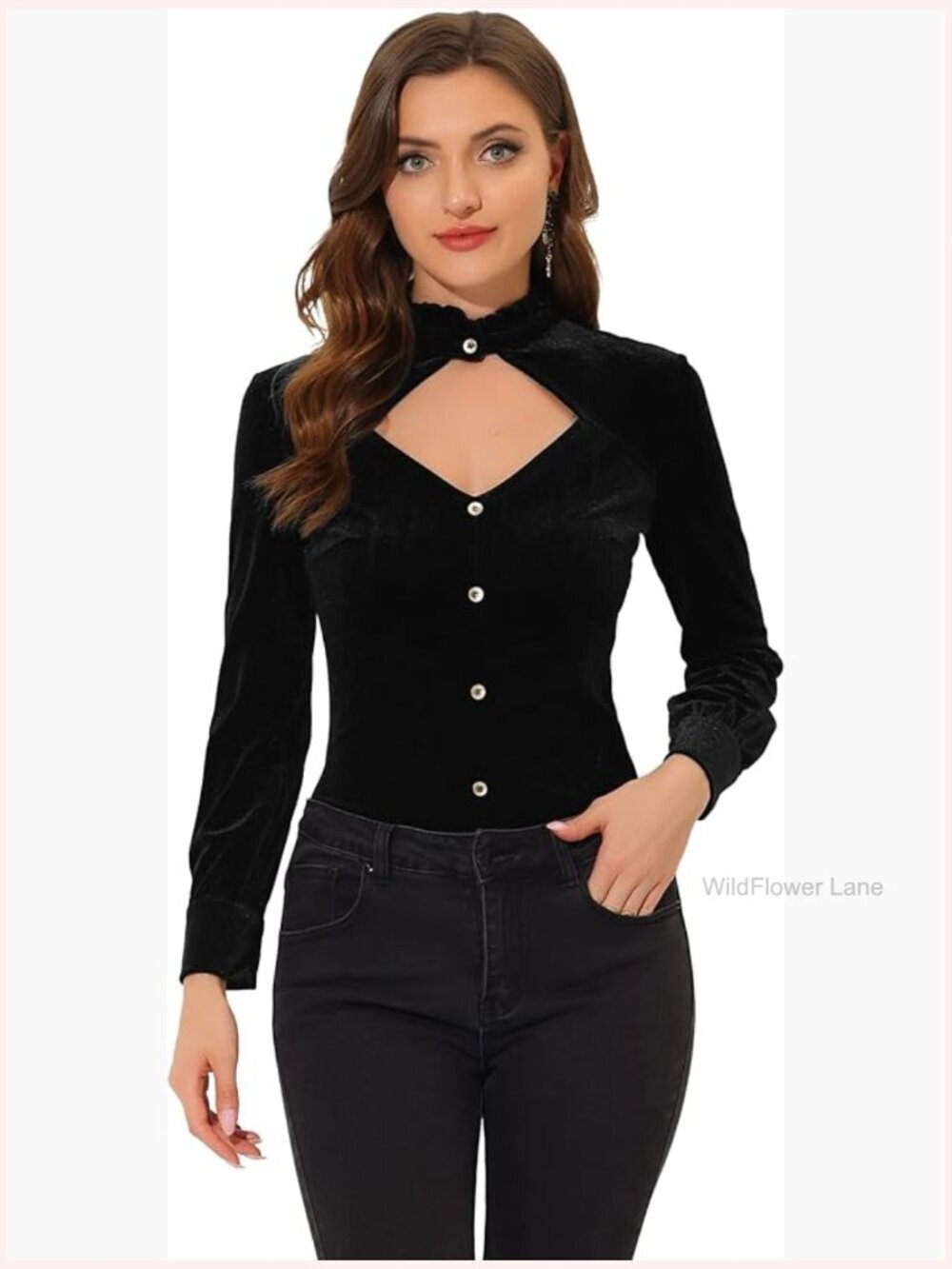 Vintage Ruffle Mock Neck Velvet Blouse Long Sleeve Gothic Top